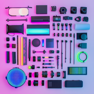 مجموعه تجهیزات نورپردازی حرفه‌ای شامل رینگ لایت، پنل LED، سافت باکس و ریسه LED RGB برای تولیدکنندگان محتوا